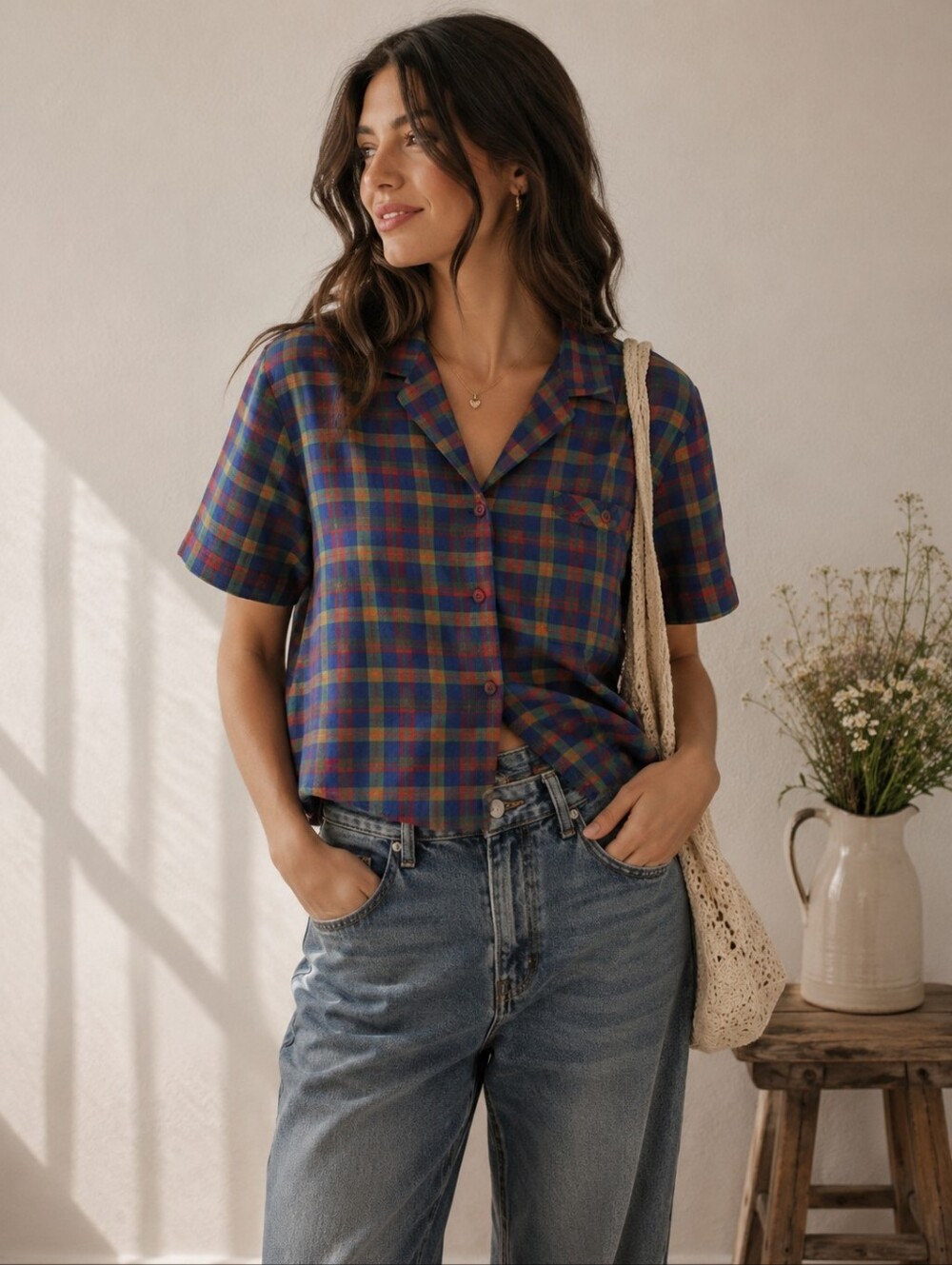 Vintage 80s Koret Cottagecore Shirt Picnic Red Blue Green Plaid Button Down S/M